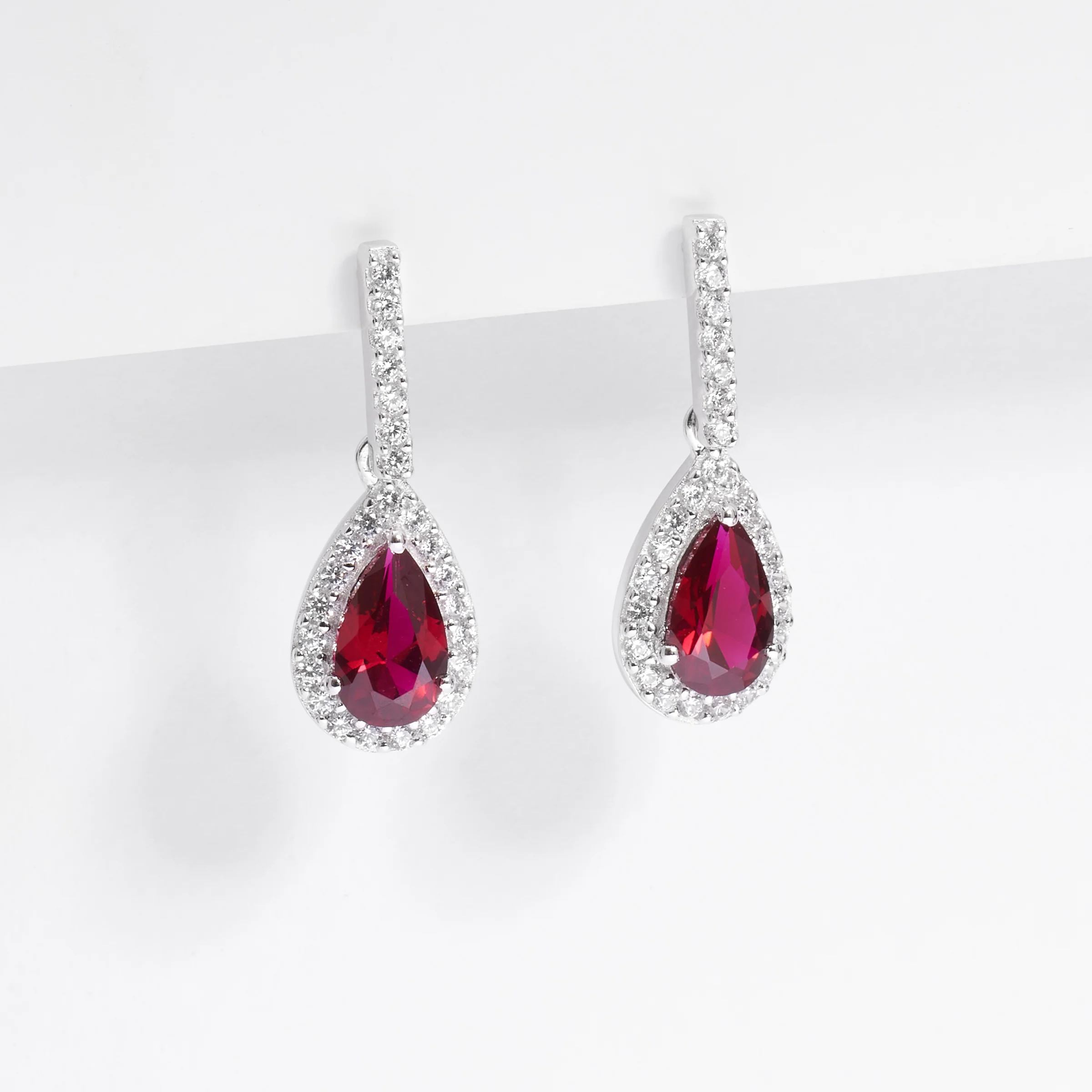 Sterling Silver Red Pear Zirconia Halo Earrings - Image 2