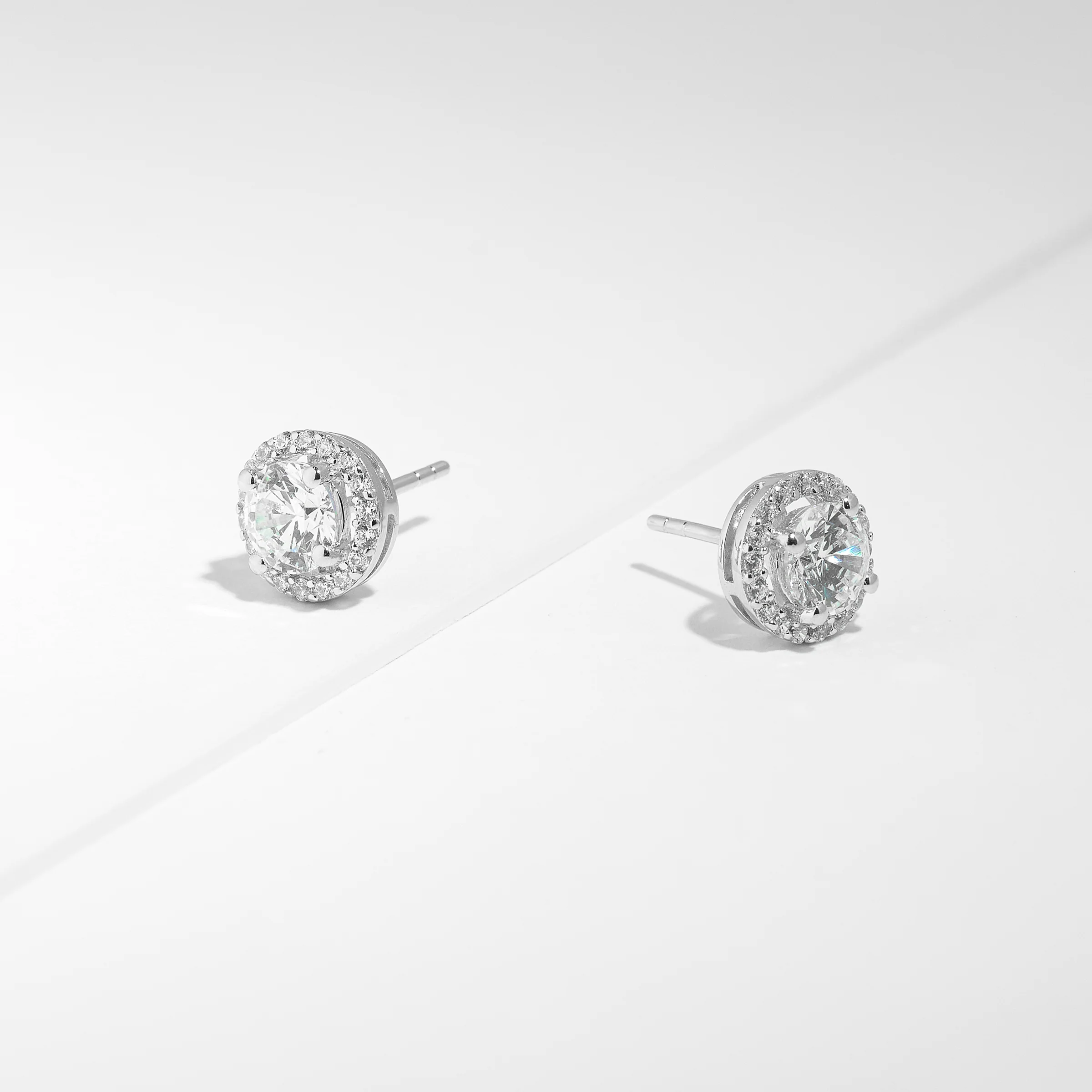 Sterling Silver Round Brilliant Solitaire Zirconia Halo Stud Earrings - Image 2