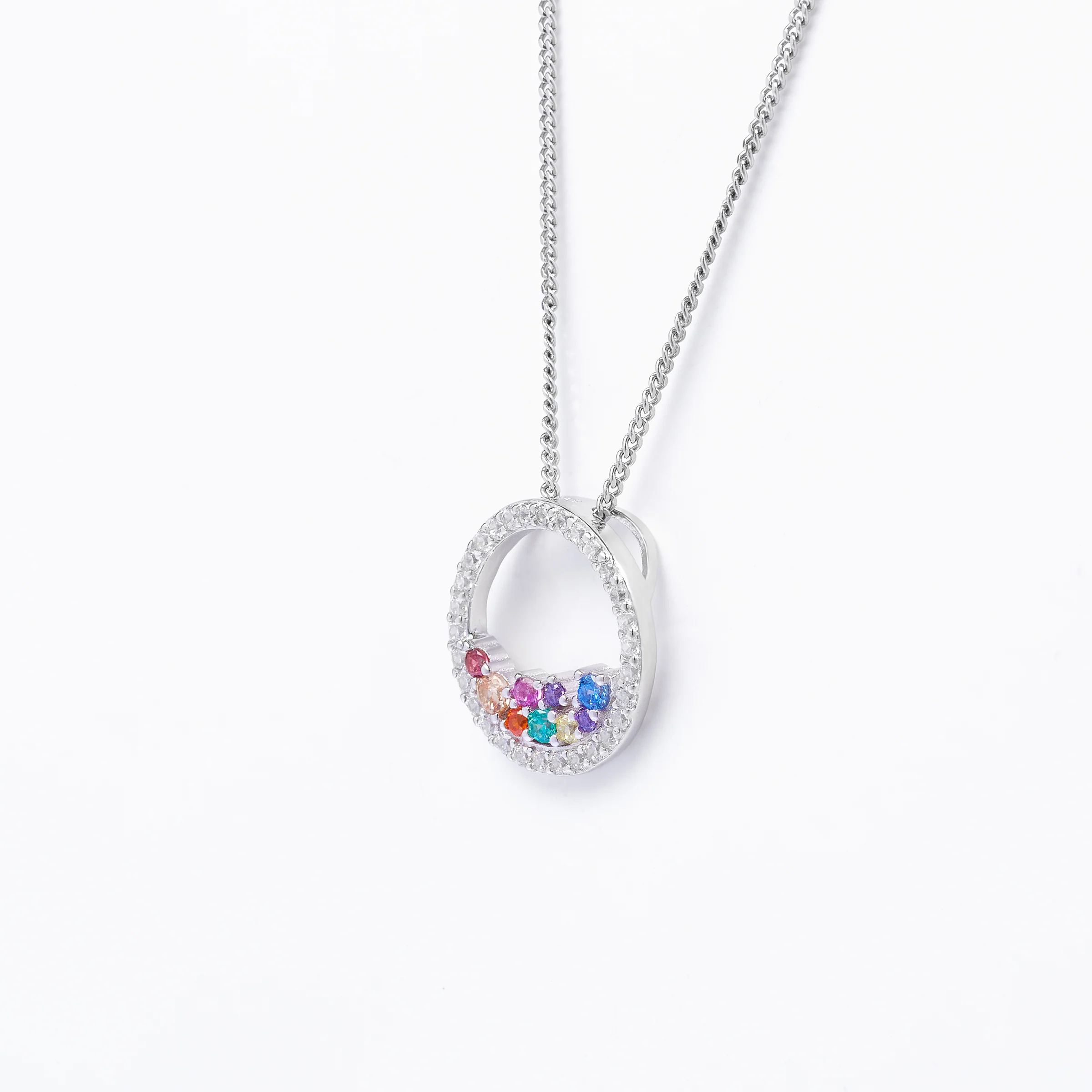 Sterling Silver Scattered Bright Coloured Zirconia Open Circle Pendant - Image 2