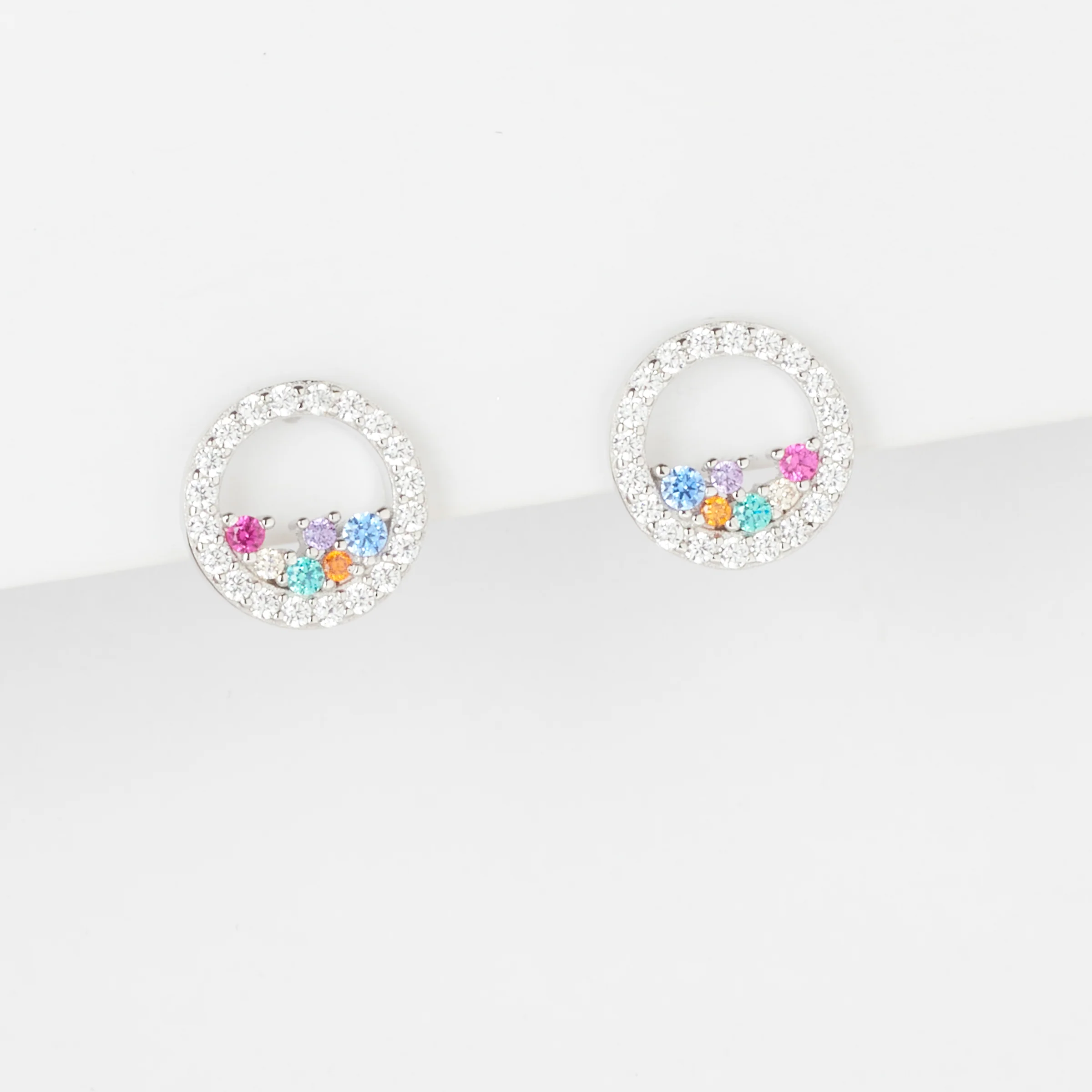 Sterling Silver Scattered Bright Coloured Zirconia Open Circle Stud Earrings 10mm - Image 2