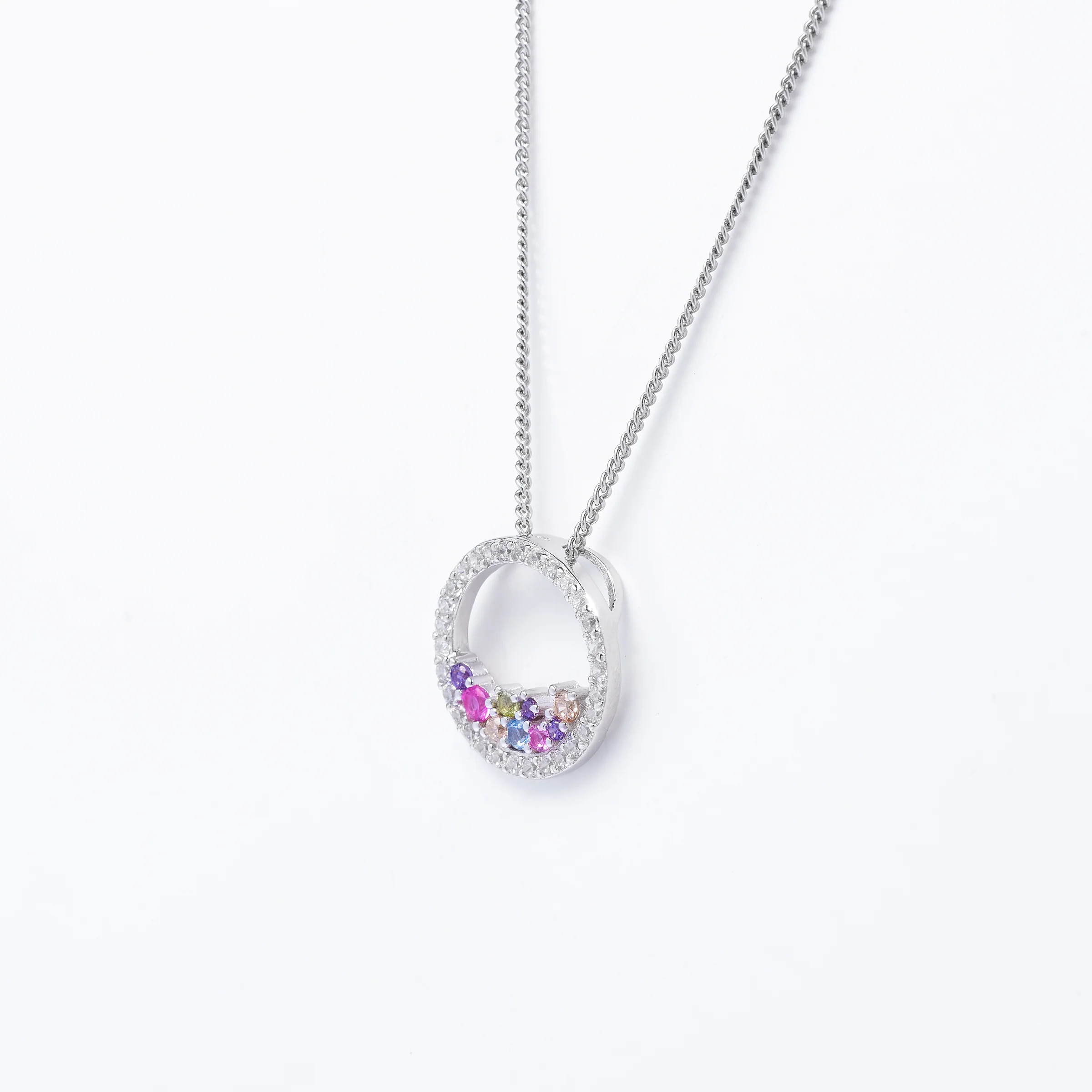 Sterling Silver Scattered Pastel Zirconia Open Circle Pendant + Chain 14mm - Image 2