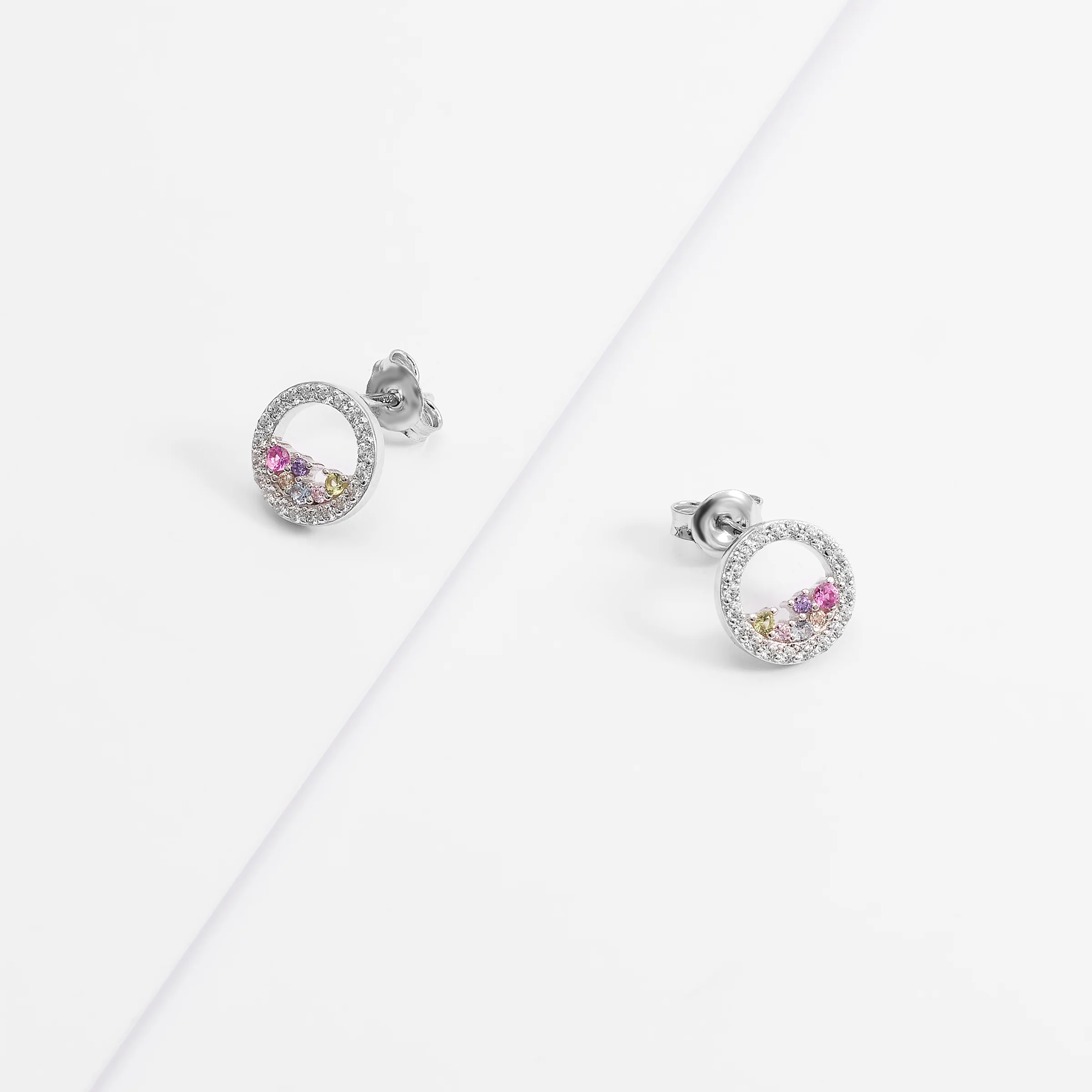 Sterling Silver Scattered Pastel Zirconia Open Circle Stud Earrings 10mm - Image 2