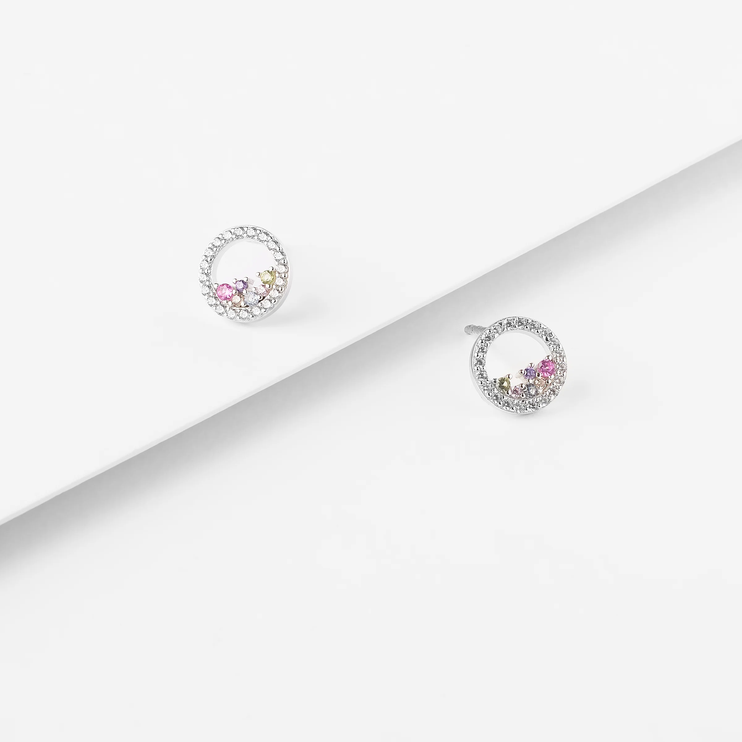 Sterling Silver Scattered Pastel Zirconia Open Circle Stud Earrings 10mm - Image 3