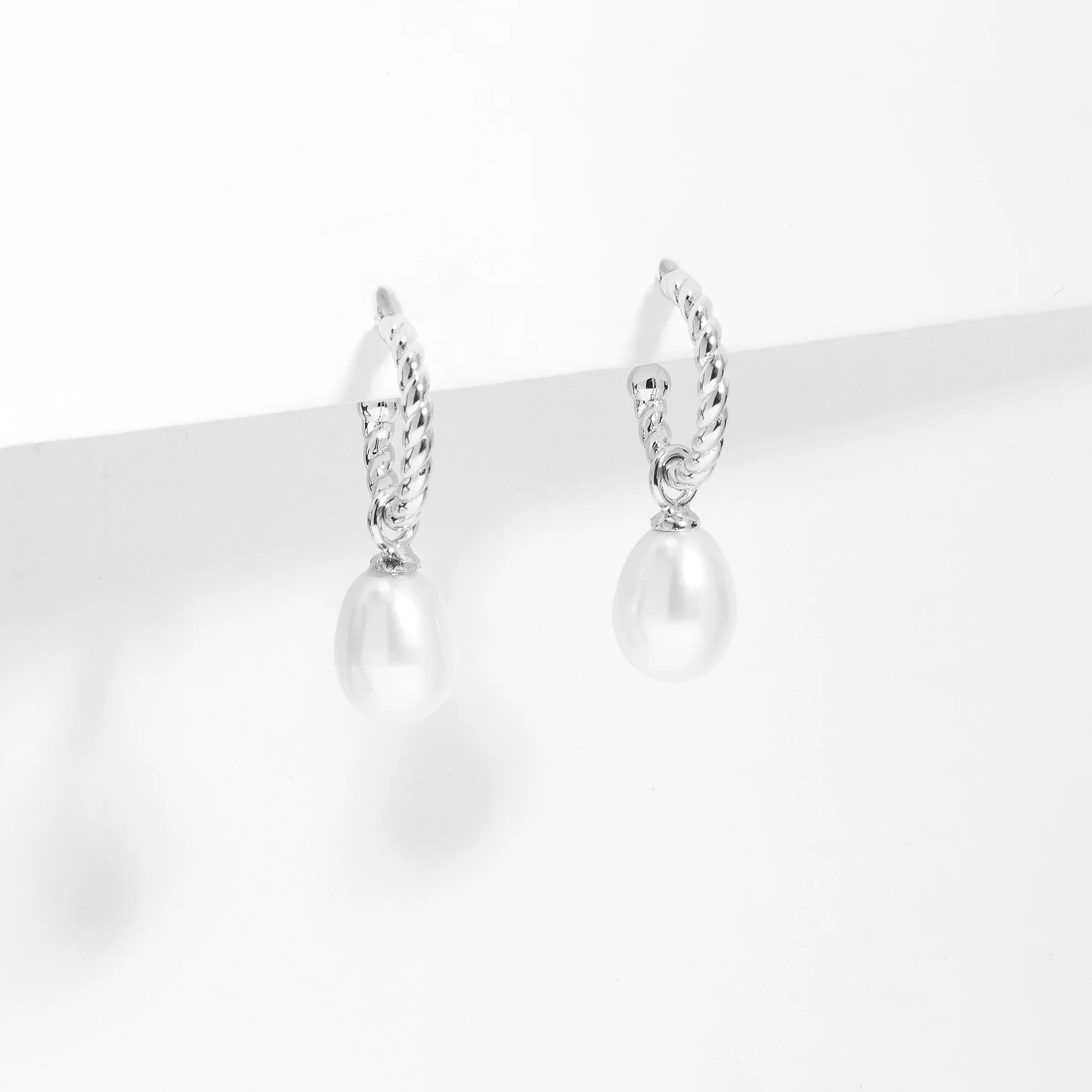 Sterling Silver Twist Hoop Earrings With Freshwater Pearl Drop - Image 2