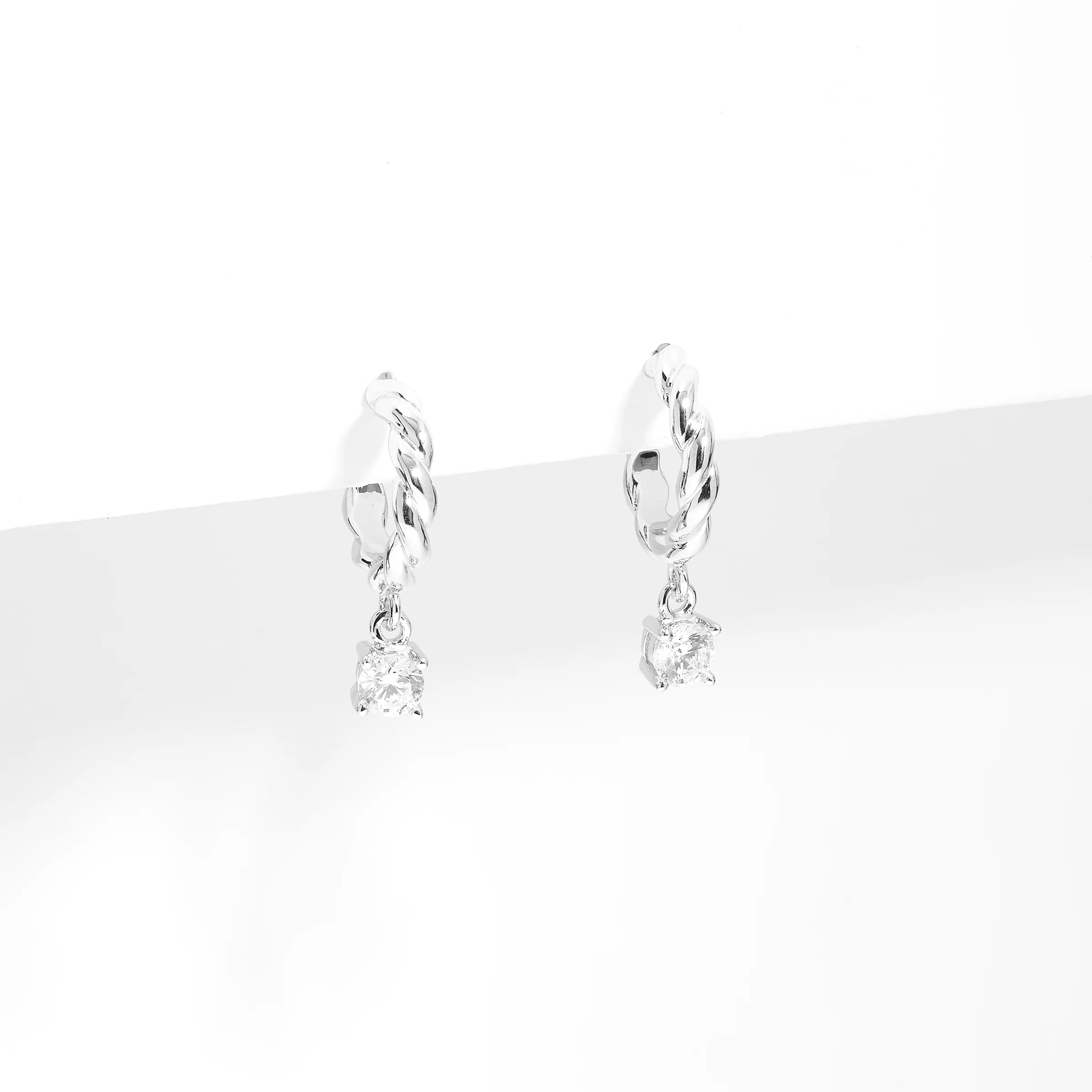 Sterling Silver Twist Hoop Earrings With Zirconia Drop - Image 2