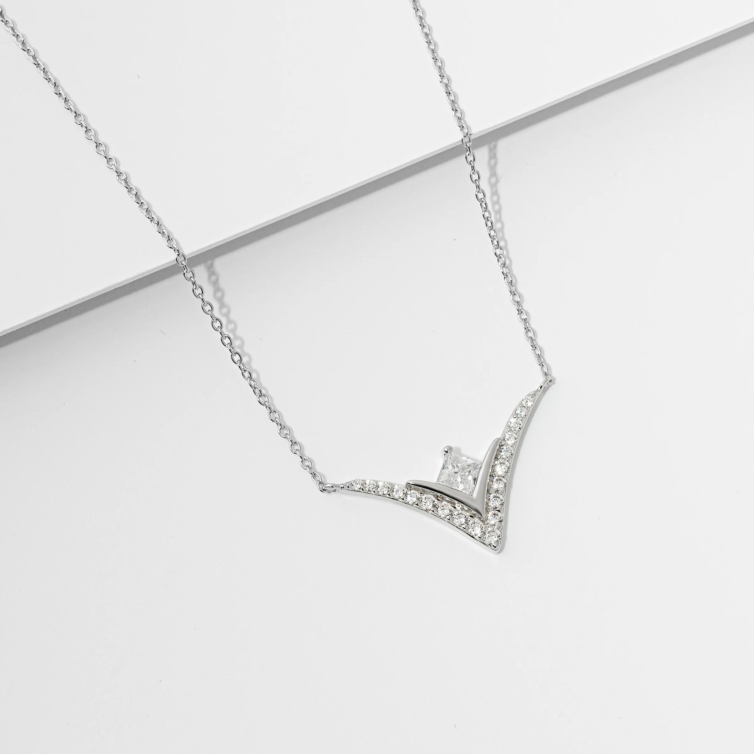 Sterling Silver V Shaped Zirconia Necklace - Image 2