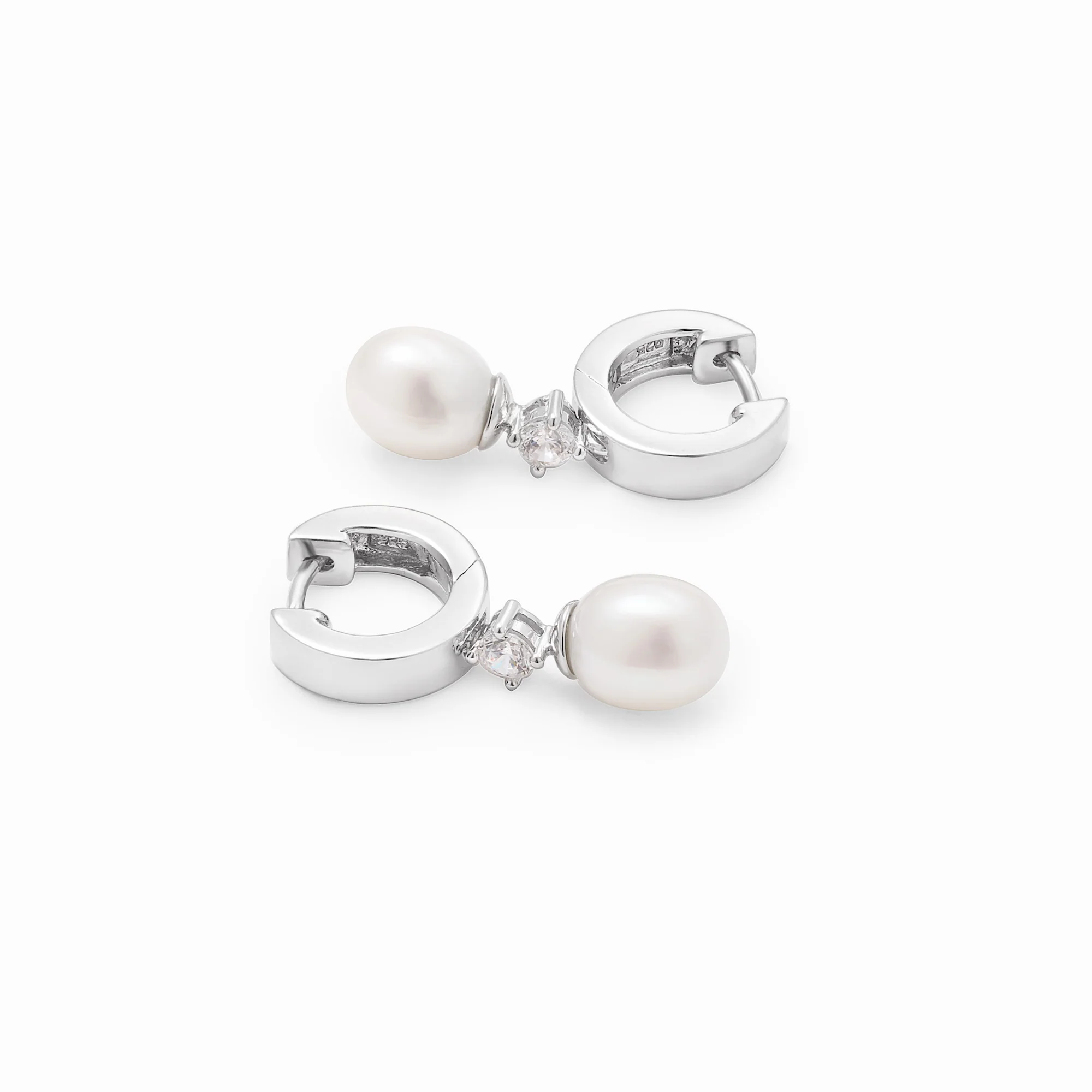 Sterling Silver Zirconia And Freshwater Pearl Huggie Earrings - Image 3