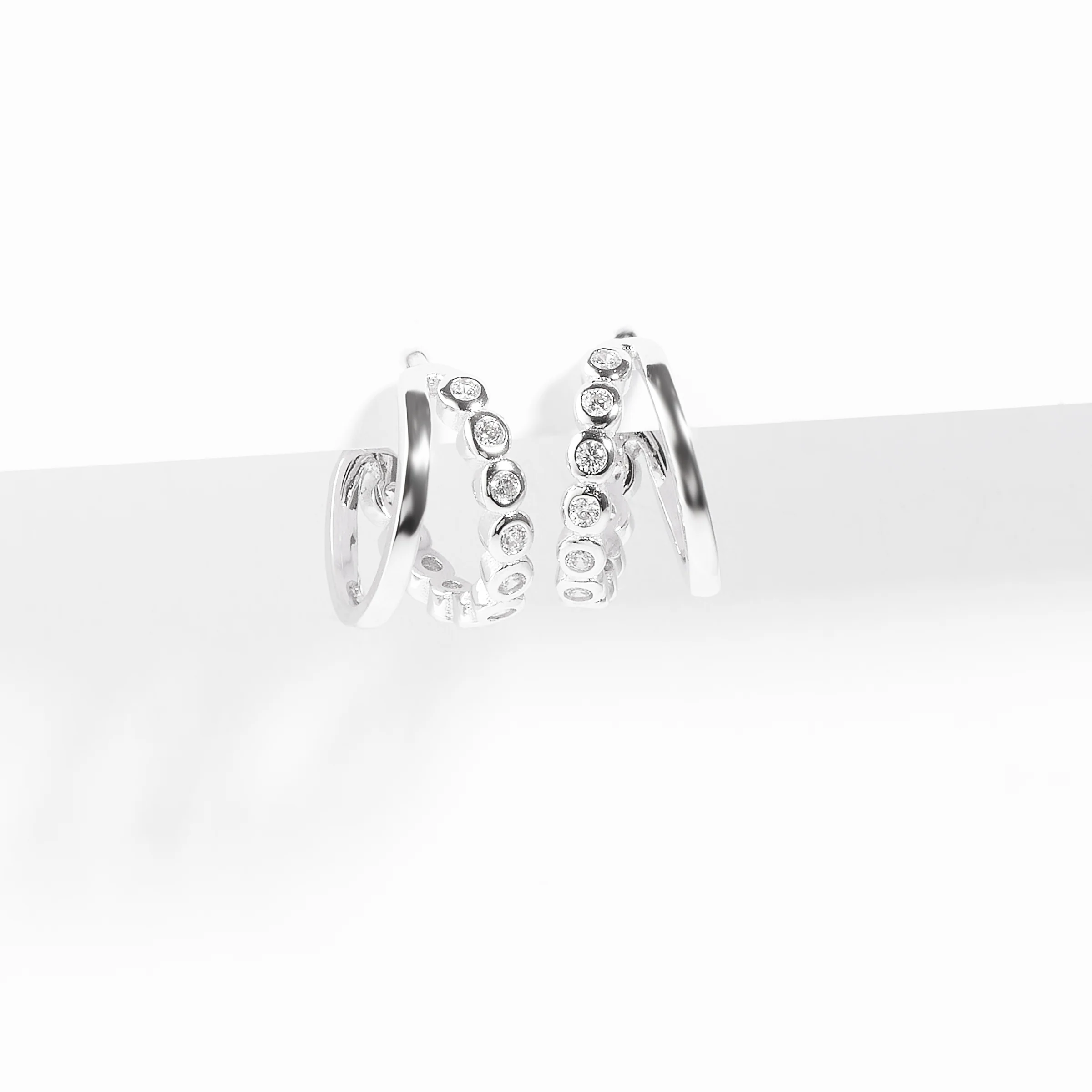 Sterling Silver Zirconia Double Hoop Bezel Stud Earrings - Image 2