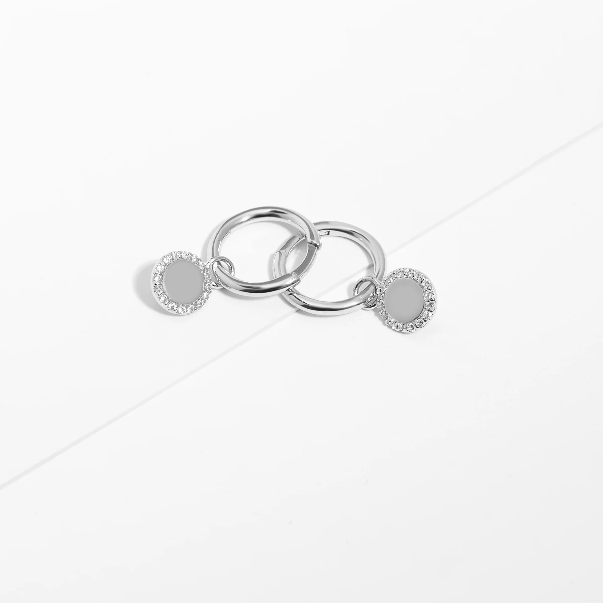 Sterling Silver Zirconia Huggie Earrings With Dangling Round Petite Disc 10mm - Image 2