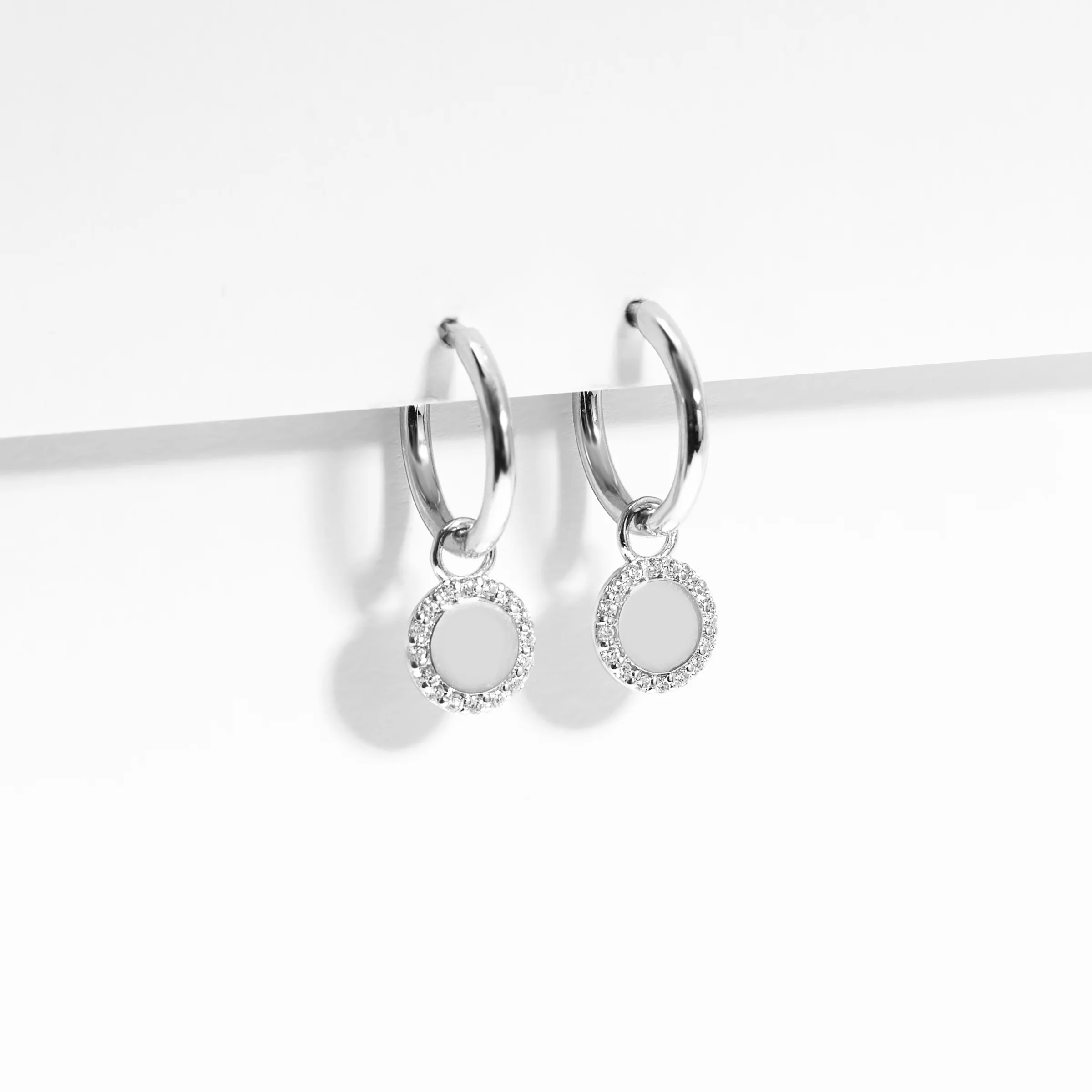 Sterling Silver Zirconia Huggie Earrings With Dangling Round Petite Disc 10mm - Image 3