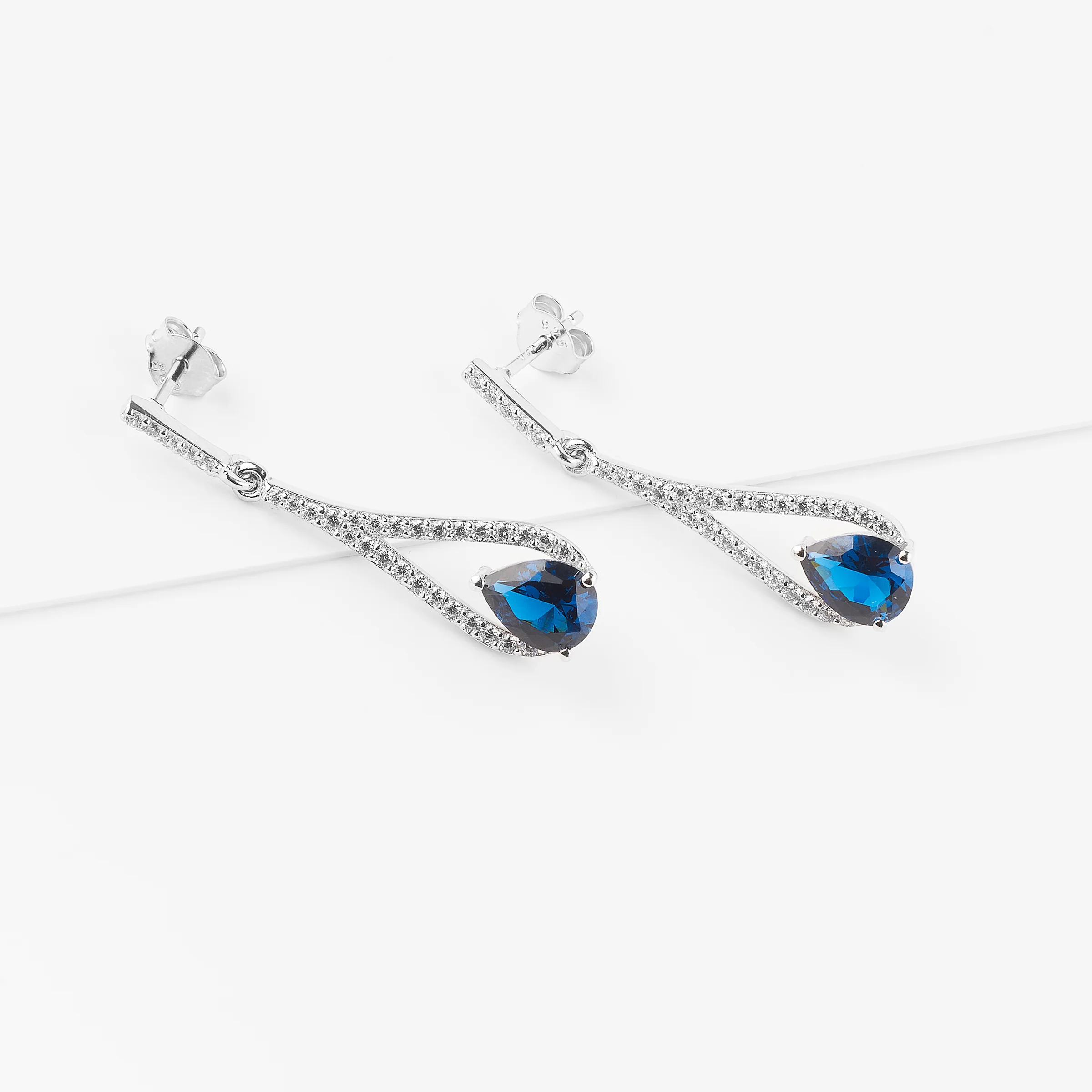 Sterling Silver Zirconia London Blue Pear And White Halo Drop Stud Earrings 35mm - Image 2
