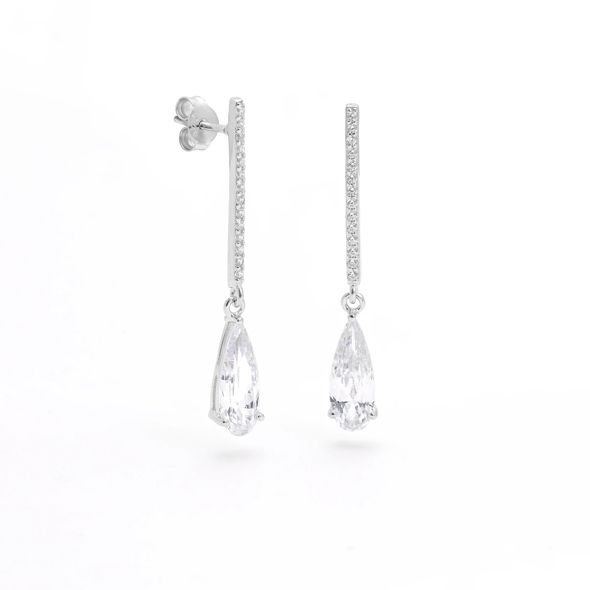 Sterling Silver Zirconia Long Bar With Pear Drop Stud Earrings 37mm - Image 2