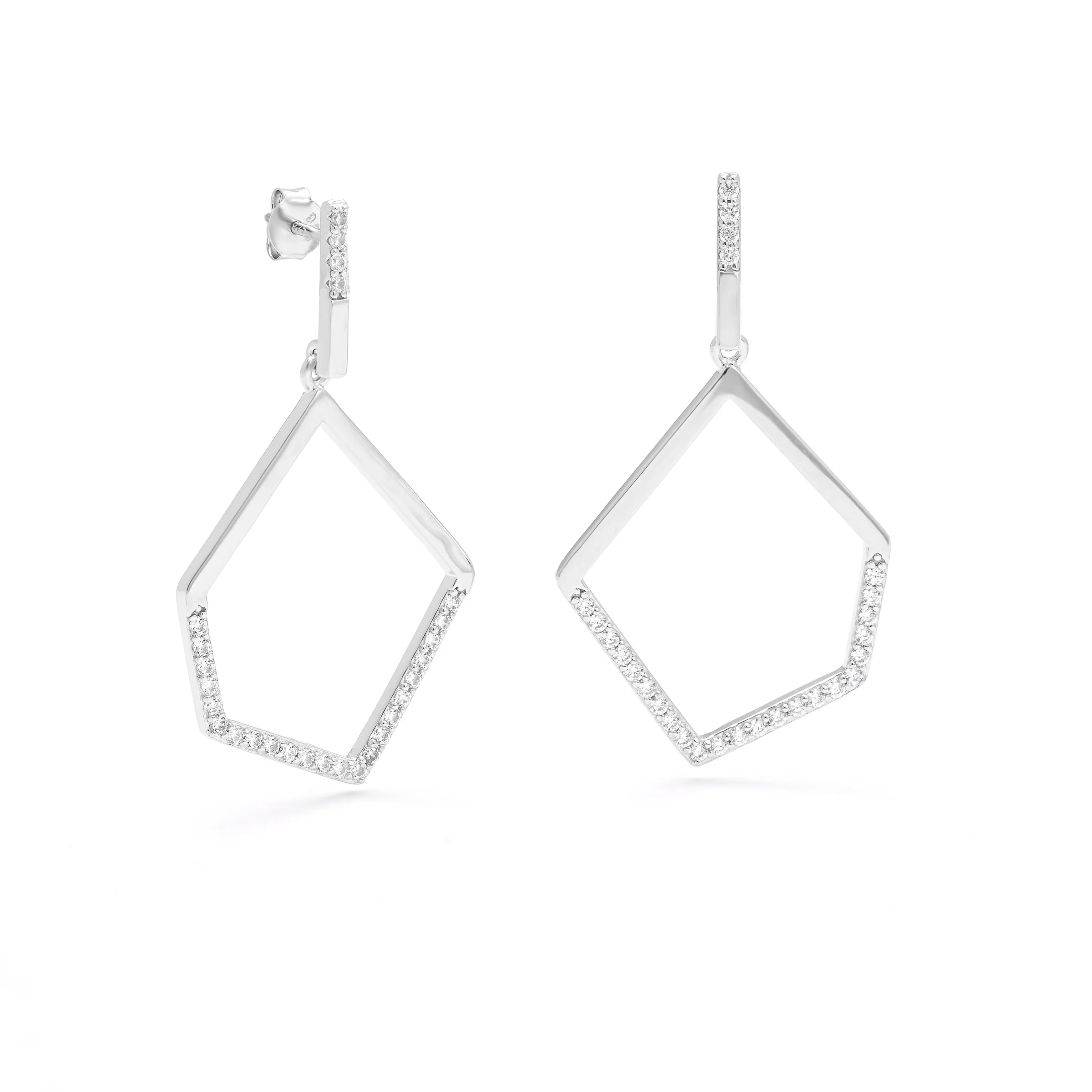 Sterling Silver Zirconia Open Abstract Drop Stud Earrings - Image 2