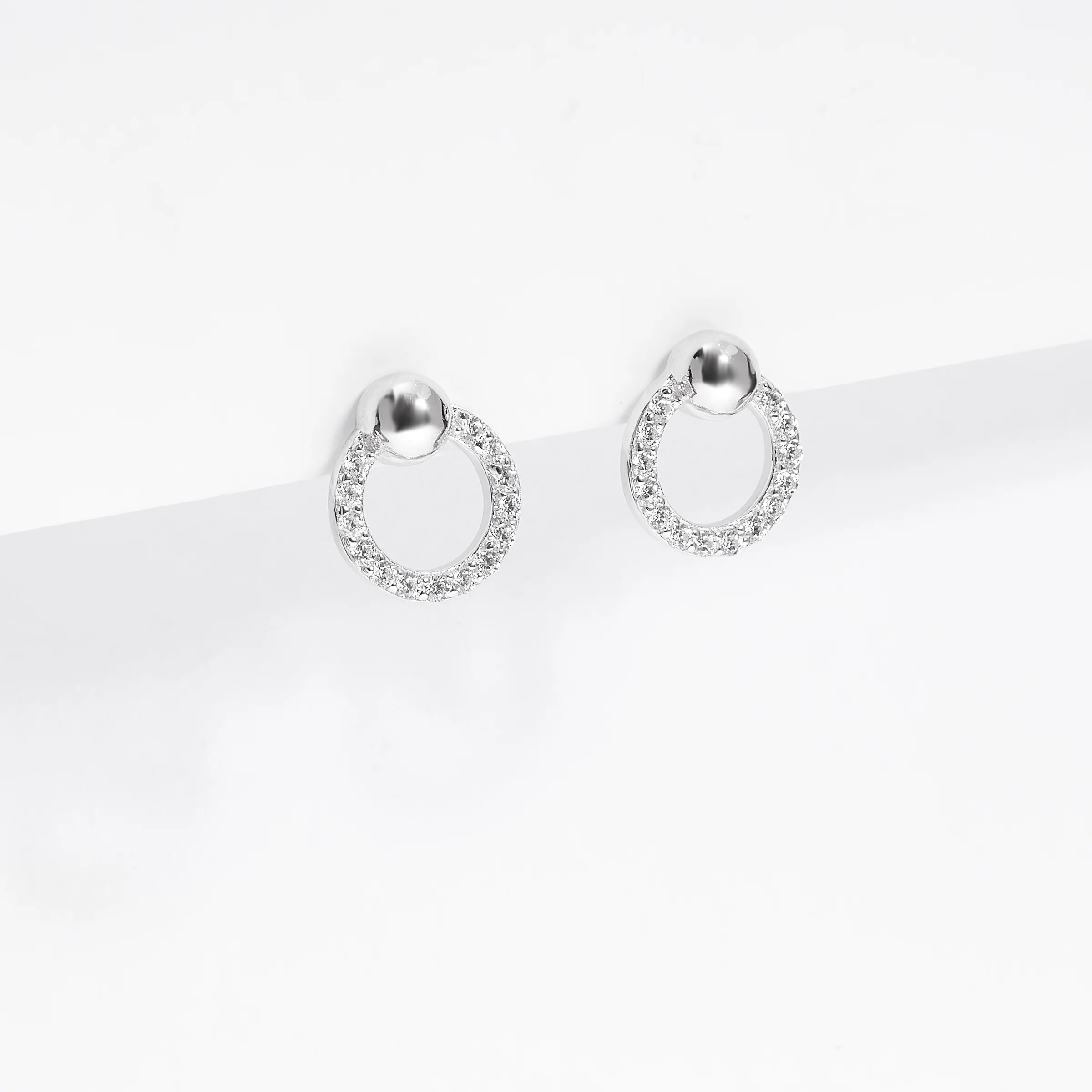 Sterling Silver Zirconia Open Circle Stud Earrings With Plain Ball - Image 2