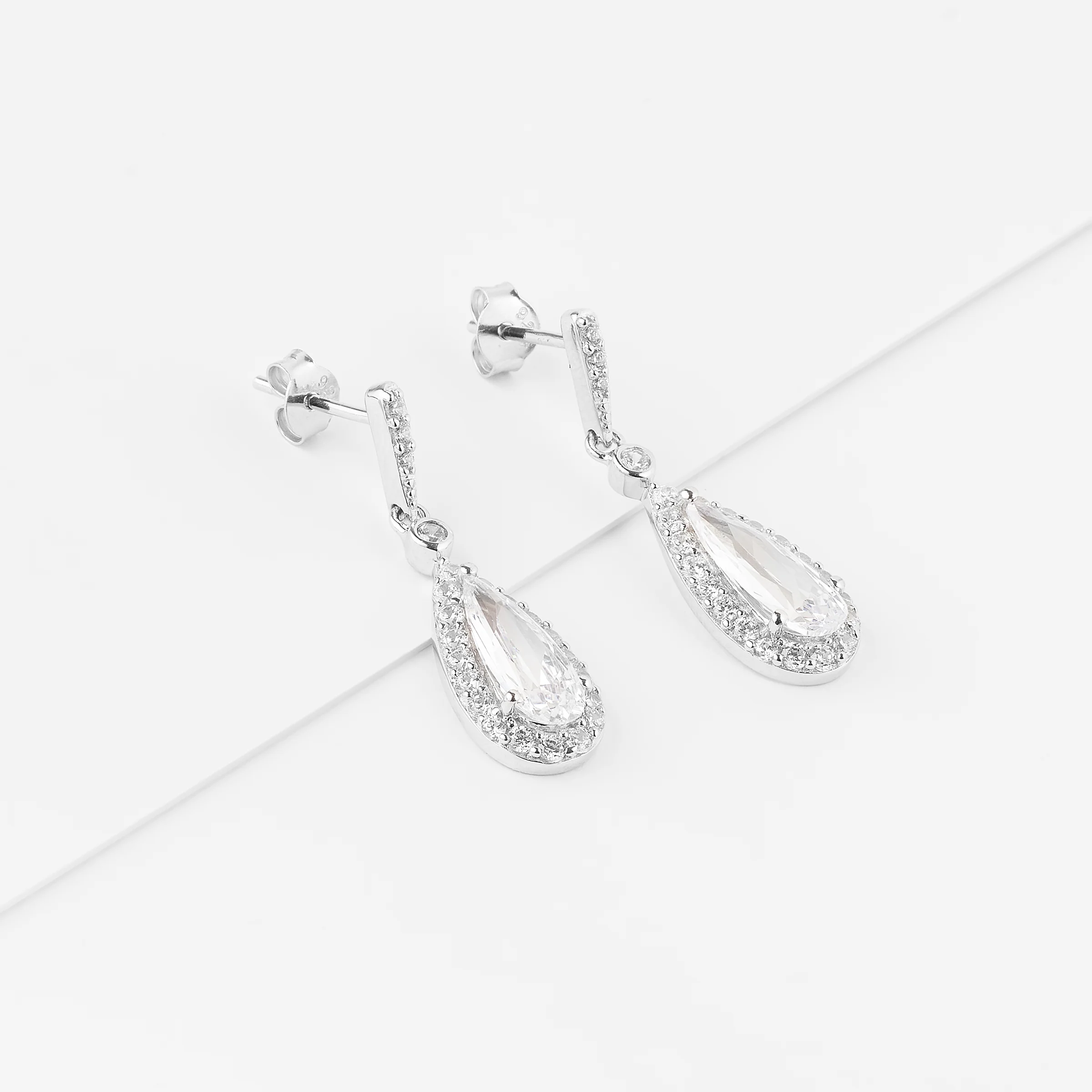 Sterling Silver Zirconia Pear Halo Drop Stud Earrings - Image 2