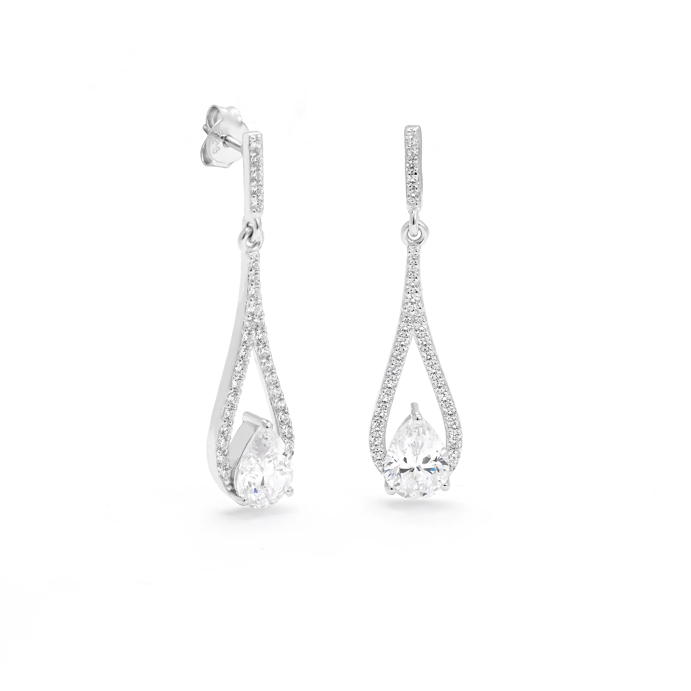 Sterling Silver Zirconia Pear Halo Drop Stud Earrings 35mm - Image 2