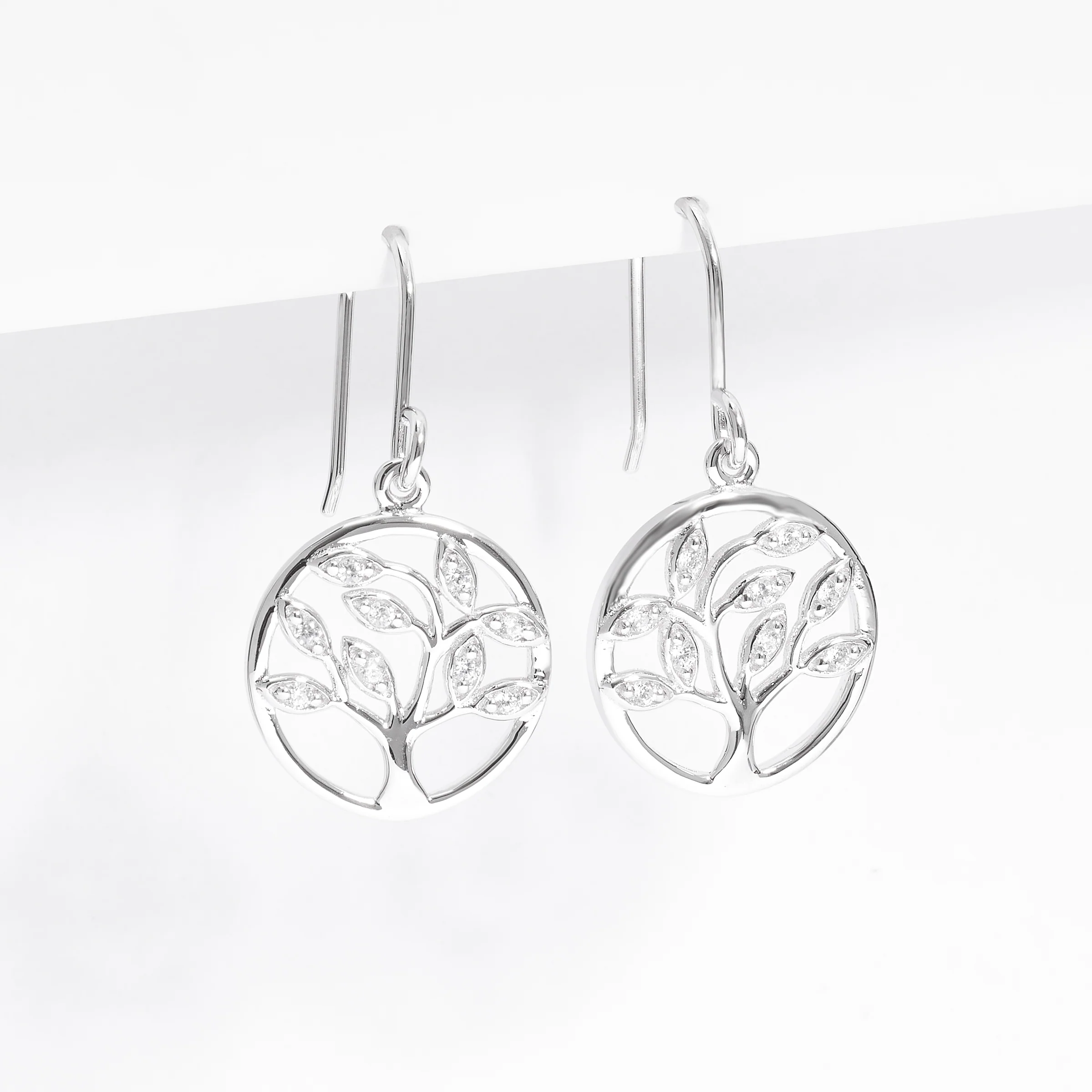Sterling Silver Zirconia Tree of Life Drop Earrings - Image 2